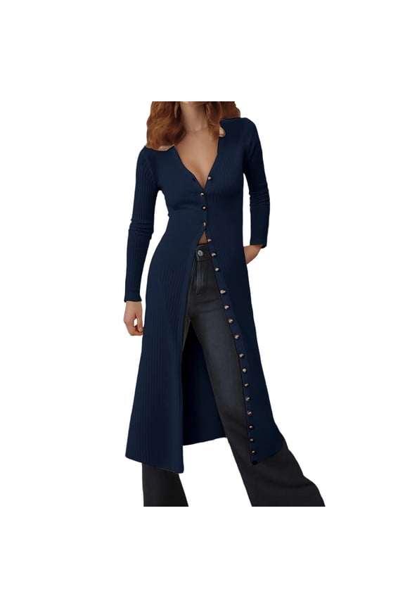 Womens Long Cardigans Slim Fit V-Neck Button Down Knit Dusters Sweater Coat Fall Maxi Sweater Dress Solid Color Trendy Coat