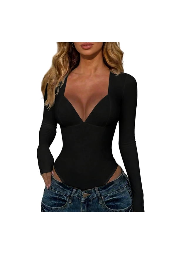Womens Long Sleeve Bodysuits Basic Slim Fit Stretch Layering Top Sexy Deep V Neck Going Out Clothes Nightclub Wear Versatile One-Pieces