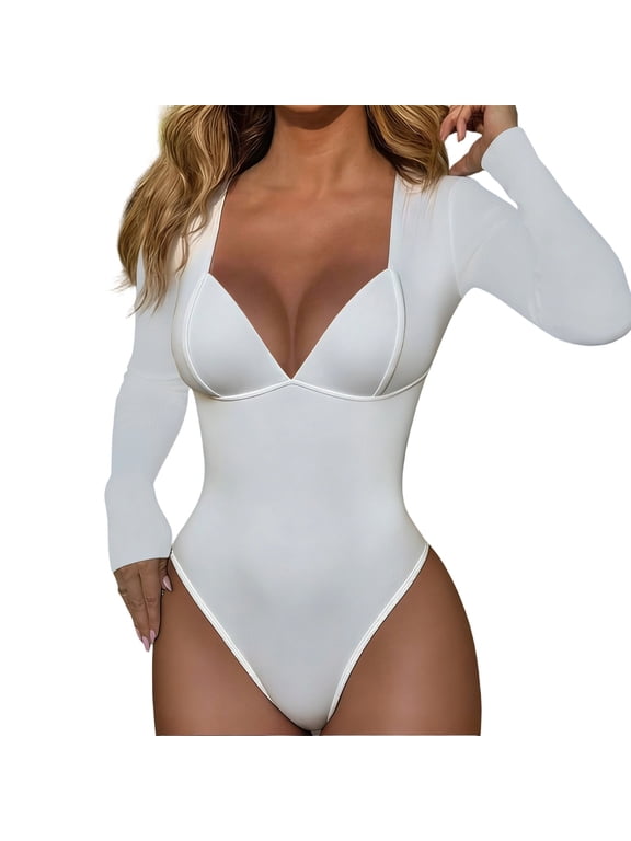 Womens Long Sleeve Bodysuits Basic Slim Fit Stretch Layering Top Sexy Deep V Neck Going Out Clothes Nightclub Wear Versatile Onesie