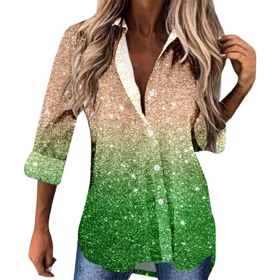 DHFJKG Womens Long Sleeve Shirts Gradient Printed Long Sleeve Button Down Collared Shirt Jackets Festival Carnival Comfort Blouses