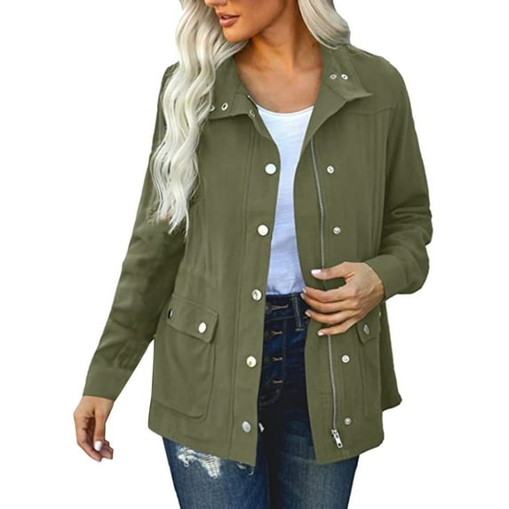 DHFJKG Womens Long Sleeve Shirts Jackets Solid Color Collared Snap Button Zipper Lightweight Jacket Cozy Outerwear