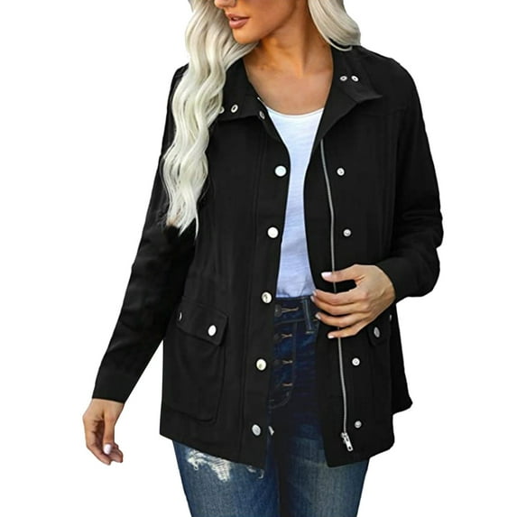 DHFJKG Womens Long Sleeve Shirts Jackets Solid Color Collared Snap Button Zipper Lightweight Jacket Trendy Outerwear