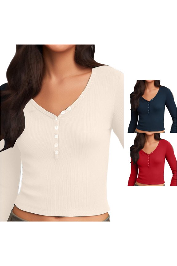 Womens Long Sleeve Shirts V Neck Button Front Ribbed Slim Fitted Crop Top Going Out Tees Fall Basic Clothes Stylish Tops