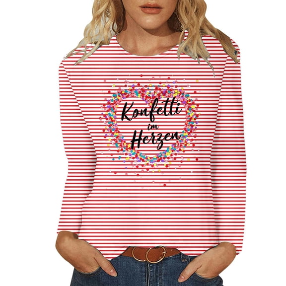 DHFJKG Womens Long Sleeve T Shirts Carnival Striped Letter Printed Crewneck Casual Tee Everyday Wear Festival Celebration Cozy Tops