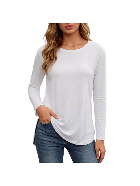 Womens Long Sleeve T Shirts Spring Fall Loose Fit Crew Neck Side Slit Curved Hem Solid Color Base Layering Tees Versatile Tops