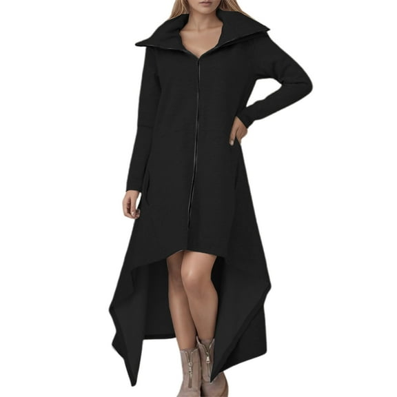 DHFJKG Womens Long Zip Up Coats Dress High-Low Turndown Collar Fall Maxi Jacket Dress Long Sleeve Solid Color Comfort Coat