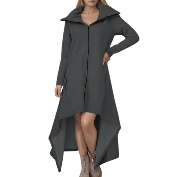 DHFJKG Womens Long Zip Up Coats Dress High-Low Turndown Collar Fall Maxi Jacket Dress Long Sleeve Solid Color Versatile Coat
