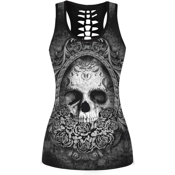 DHFJKG Womens Loose Fit Tank Tops Gothic Skull Print Hallow Out Summer Sleeveless Crew Neck Graphic Tee Comfortable Top