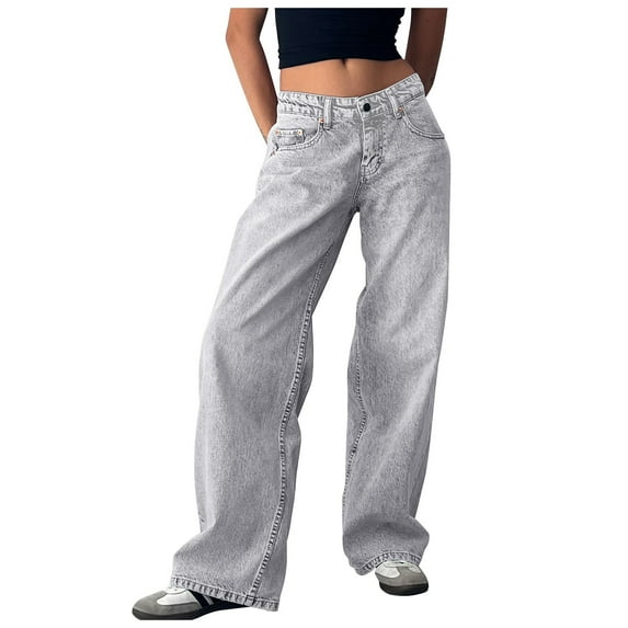 DHFJKG Womens Low Rise Washed Jeans Wide Leg Streetwear Denim Pants Retro Vintage Versatile Trousers