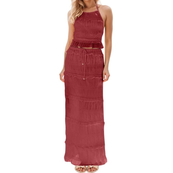 DHFJKG Womens Maxi Skirt Set Backless Summer 2 Piece Outfits Chiffon Sleeveless Crop Top Tiered Long Skirts Beach Vacation Clothes Trendy Outfit