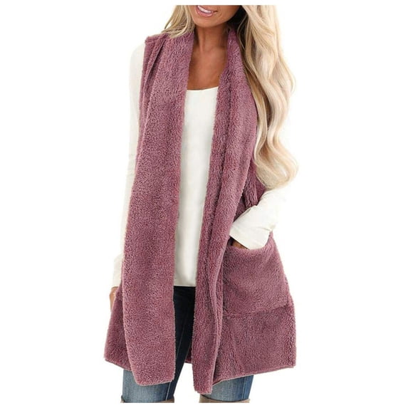 DHFJKG Womens Mediun Length Fuzzy Vest Cardigan Sleeveless Open Front Fluffly Shaggy Vest Jacket Long Coat Solid Color With Pockets Soft Outerwear