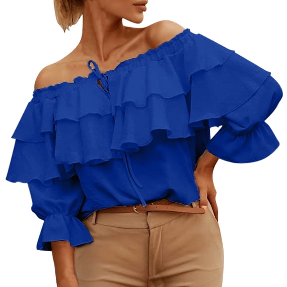 DHFJKG Womens Off Shoulder Summer Top 3/4 Sleeve Ruffle Work Dressy Blouses Casual Solid Color Beach Vacation Clothes Trendy Tops