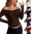 thumbnail image 1 of DHFJKG Womens Off The Shoulder Long Sleeve T Shirts Lace Trim Fitted Crop Tops For Women, 1 of 5