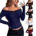 thumbnail image 1 of DHFJKG Womens Off The Shoulder Long Sleeve T Shirts Lace Trim Fitted Crop Tops For Women, 1 of 5