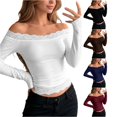 thumbnail image 1 of DHFJKG Womens Off The Shoulder Long Sleeve T Shirts Lace Trim Fitted Crop Tops For Women, 1 of 5