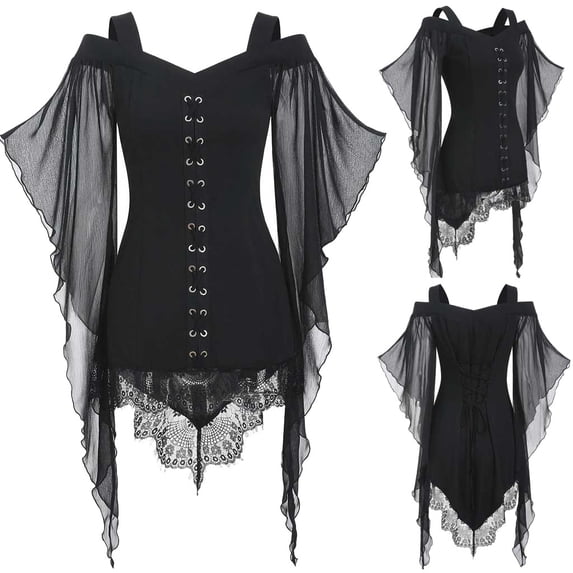 DHFJKG Womens Off The Shoulder T Shirt Gothic Clothes Lace Trim Mesh Layered Halloween Tops