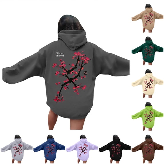DHFJKG Womens Oversized Hoodies Floral Print Long Sleeve Sweatshirts Drawstring Pullover Tops Casual Fall Clothes