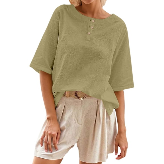 DHFJKG Womens Oversized Tee Half Sleeve Henley Solid Color Basic Top Summer Breathable Beach T Shirt Trendy Tops