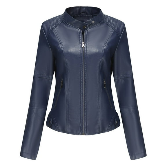 DHFJKG Womens PU Leather Cropped Jacket Slim Fit Stand Collar Casual Zipper Coat Moto Steetwear Cozy Coat