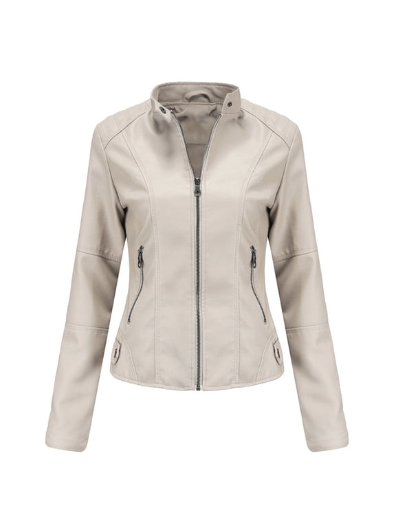 Womens PU Leather Cropped Jacket Slim Fit Stand Collar Casual Zipper Coat Moto Steetwear Stylish Coat