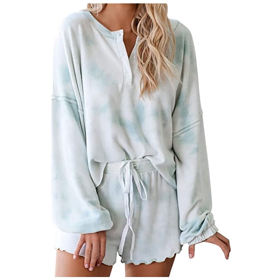 DHFJKG Womens Pajama Sets 2 Piece Henley Outfits Long Sleeve Tie Dye T Shirts Drawstring Shorts Set Soft Sleepwear Leisure Home Clothes