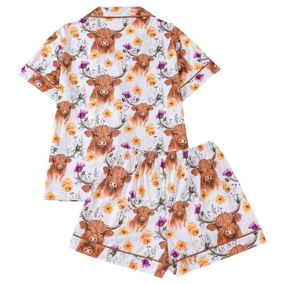 DHFJKG Womens Pajama Sets 2PCS Sleepwear Soft Cute Cow Printed Collar Short Sleeve Shirts Shorts Comfortable Loungewear Cozy Home Clothes Outfit