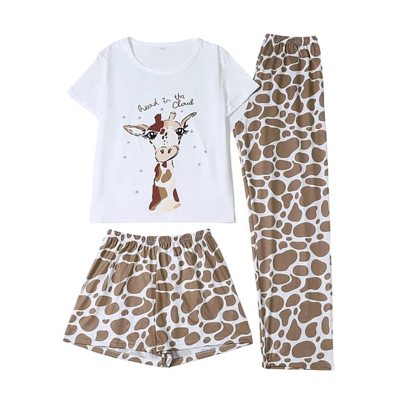 DHFJKG Womens Pajama Sets 3 Piece Sleepwear Heart Print Short Sleeve Top With Shorts And Pants Loungewear Comfy Nightwear Leisure Home Clothes