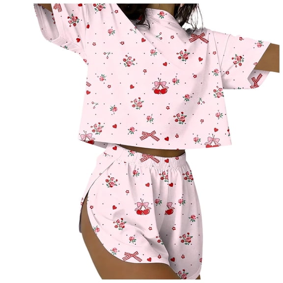 DHFJKG Womens Pajama Sets Comfortable Sleepwear Shorts Set Cute Print Short Sleeve Crop Top Valentine's Day Stylish Nightwear