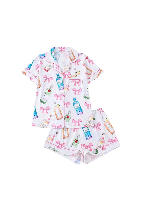 Womens Pajama Sets Funny Graphic Sleepwear Short Sleeve Turndown Collar Shirts And Shorts Set Cute Nightwear Two Piece Leisure Home Clothes
