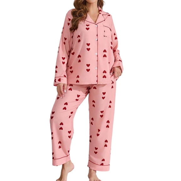 DHFJKG Womens Pajama Sets Long Sleeve Plus Size Sleepwear Soft 2 Piece Set Heart Print Button Down Turndown Collar Cozy Home Clothes