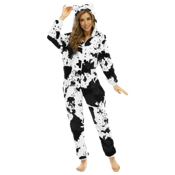 DHFJKG Womens Pajamas Adult Onesie Pajamas Fluffy Cute Ears Hooded Cow Printed Zipper Jumpsuit Slouchy Warm Loungewear Party Wear Soft Nightwear