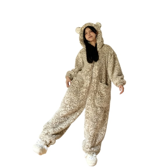 DHFJKG Womens Pajamas Animals Onesies Oversized Fluffy Loungewear With Ears Hood Leopard Zipper One-Pieces With Large Pockets For Autumn Winter Comfort Homewear
