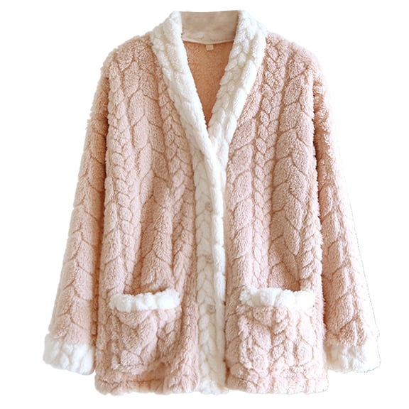 DHFJKG Womens Pajamas Flannel Jacquard Cardigan Sleepwear Long Sleeve V Neck Button Down Top With Pockets Fall Winter Fluffly Shaggy Warm Cozy Nightwear
