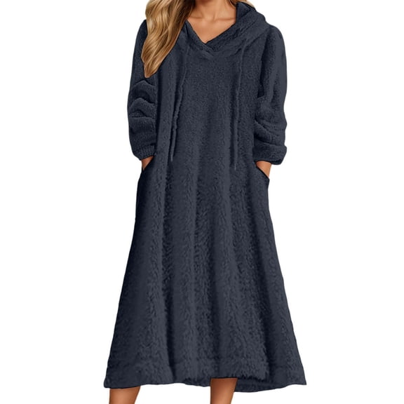 DHFJKG Womens Pajamas Fluffly Robe Hoodies Dress Loungewear Double-Sided Plush Long Sleeve Hooded Drawstring Pullover Homewear Versatile Home Clothes