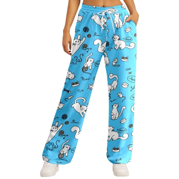 DHFJKG Womens Pajamas Pants Loungewear Cute Cat Print Loose Fit Straight Leg Elastic Waist Casual Pants Homewear Stylish Trousers