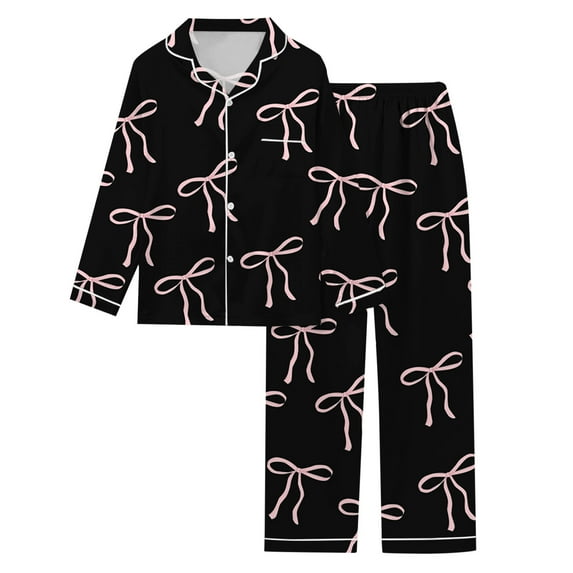 DHFJKG Womens Pajamas Set Bow Printed Sleepwear Long Sleeve Turndown Collar Button Down Top Elastic Waist Loose Fit Pants 2 Piece Sets Loungewear Valentine's Day Leisure Home Clothes