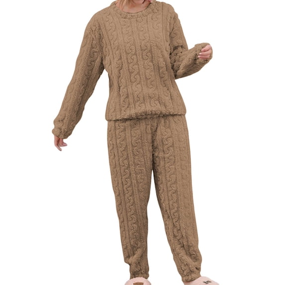DHFJKG Womens Pajamas Set Flannel Jacquard Solid Color Loungewear Long Sleeve Top Ankle-Tied Bottoms 2 Piece Sleepwear Classic Nightwear