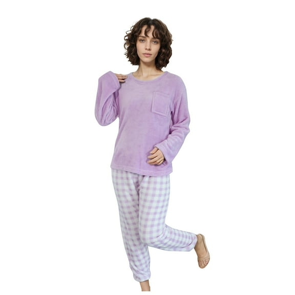 DHFJKG Womens Pajamas Set Flannel Winter Sleepwear Long Sleeve Loose Fit Top Elastic Waist Ankle-Tied Plaid Pants 2 Piece Loungewear Fuzzy Classic Nightwear