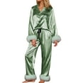 thumbnail image 1 of DHFJKG Womens Pajamas Set Fuzzy Trim Silk Satin Striped Loungewear Long Sleeve Turndown Collar Button Up Top Loose Fit Bottoms 2 Piece Sleepwear Classic Nightwear, 1 of 5