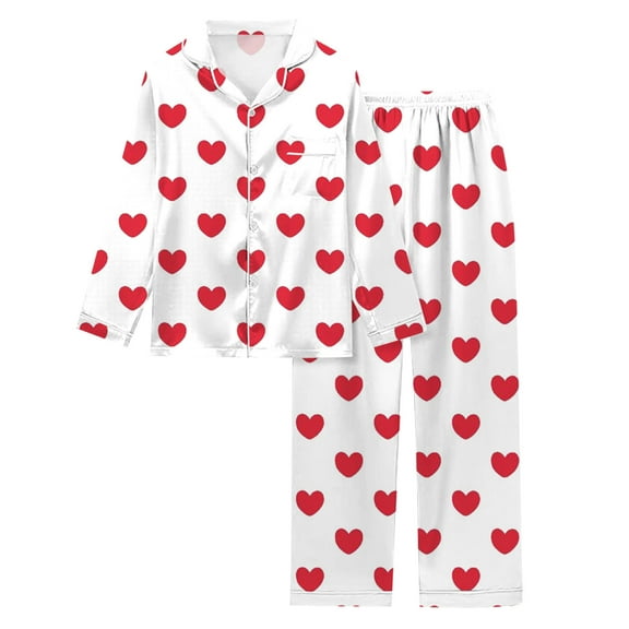 DHFJKG Womens Pajamas Set Heart Printed Sleepwear Long Sleeve Turndown Collar Button Down Top Elastic Waist Loose Fit Pants 2 Piece Loungewear Valentine's Day Cozy Nightwear