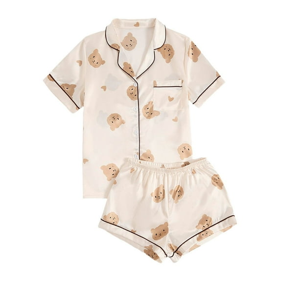 DHFJKG Womens Pajamas Set Silk Satin Cute Animals Printed Sleepwear Short Sleeve Turndown Collar Top Elastic Waist Shorts 2 Piece Loungewear Soft Homewear