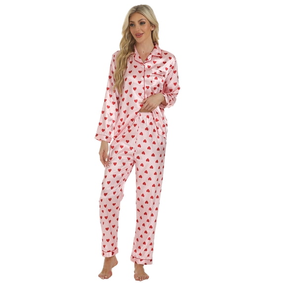 DHFJKG Womens Pajamas Set Silk Satin Heart Print Long Sleeve Turndown Collar Top Loose Fit Straight Leg Bottoms 2 Piece Loungewear Comfort Homewear