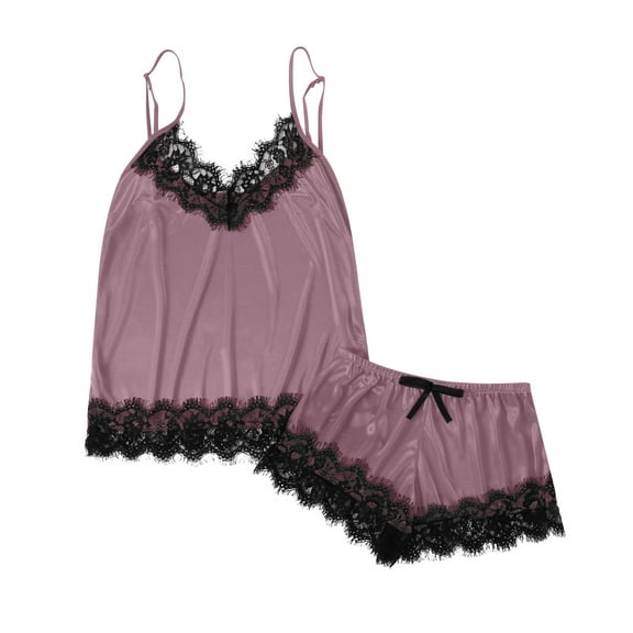 DHFJKG Womens Pajamas Set Silk Satin Patchwork Lace Spaghetti Strap Deep V Neck Cropped Top Elastic Waist Mini Shorts 2 Piece Loungewear Lightweight Comfort Homewear