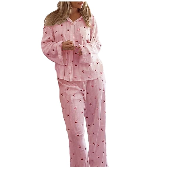 DHFJKG Womens Pajamas Set Sweet Cherry Print Long Sleeve Turndown Collar Top Loose Fit Bottoms 2 Piece Loungewear Comfort Homewear