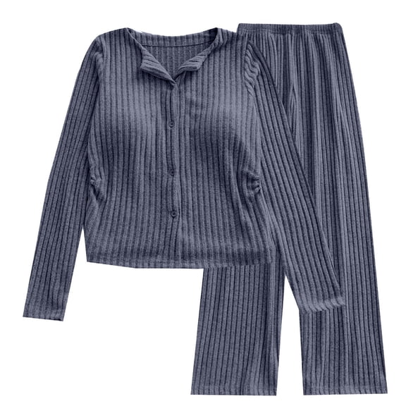 DHFJKG Womens Pajamas Set Winter Solid Color Ribbed Sleepwear Long Sleeve Crewneck Button Down Top With Built In Bra Wide Leg Pants 2 Piece Loungewear Cozy Nightwear
