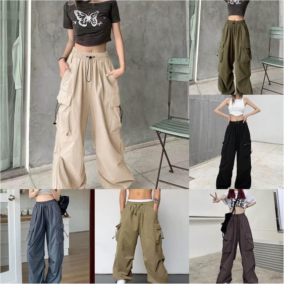 DHFJKG Womens Parachute Cargo Pants Wide Leg Baggy Streetwear Casual Drawstring Y2K Joggers With Multi Pockets
