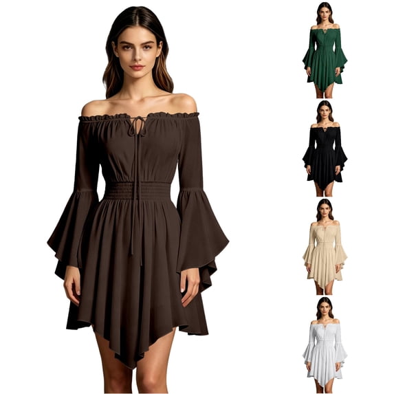 DHFJKG Womens Pirate Mini Dresses, Off The Shoulder Flare Sleeve Halloween Dress, Smocked Waist Gothic Dress