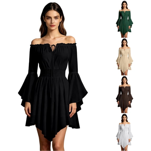 DHFJKG Womens Pirate Mini Dresses, Off The Shoulder Flare Sleeve Halloween Dress, Smocked Waist Gothic Dress