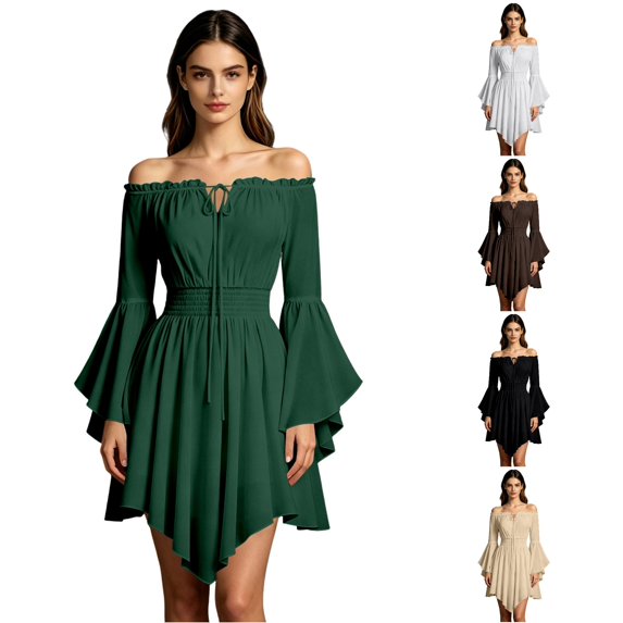 DHFJKG Womens Pirate Mini Dresses, Off The Shoulder Flare Sleeve Halloween Dress, Smocked Waist Gothic Dress