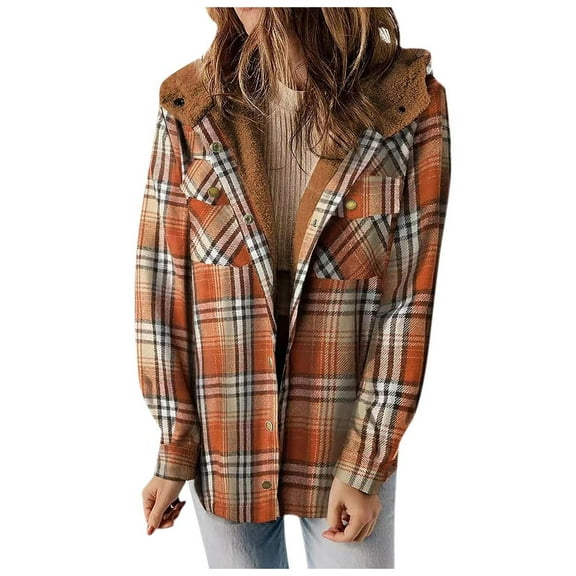 DHFJKG Womens Plaid Shacket Jacket Long Sleeve Button Down Hooded Jackets Warm Lined Casual Relaxed-Fit Classic Jackets